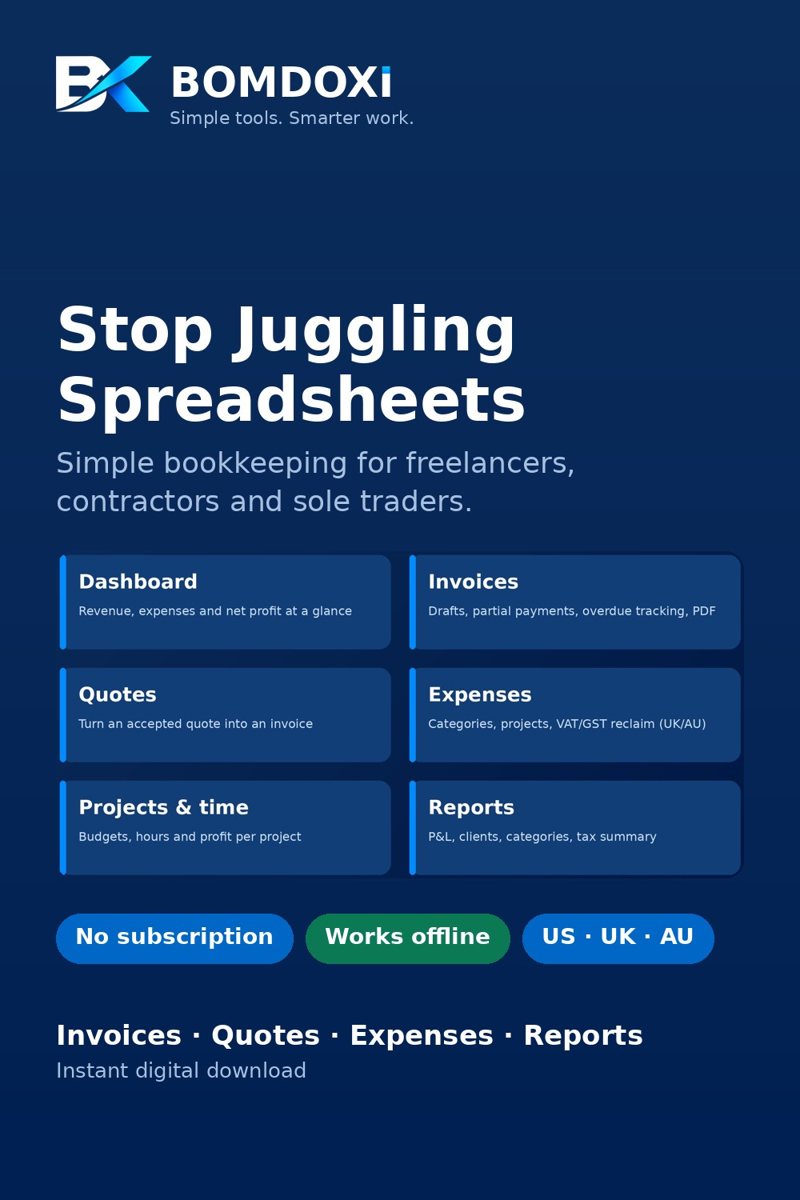 BOMDOXI Freelancer Business Toolkit features: dashboard, invoices, quotes, expenses, projects and time, reports